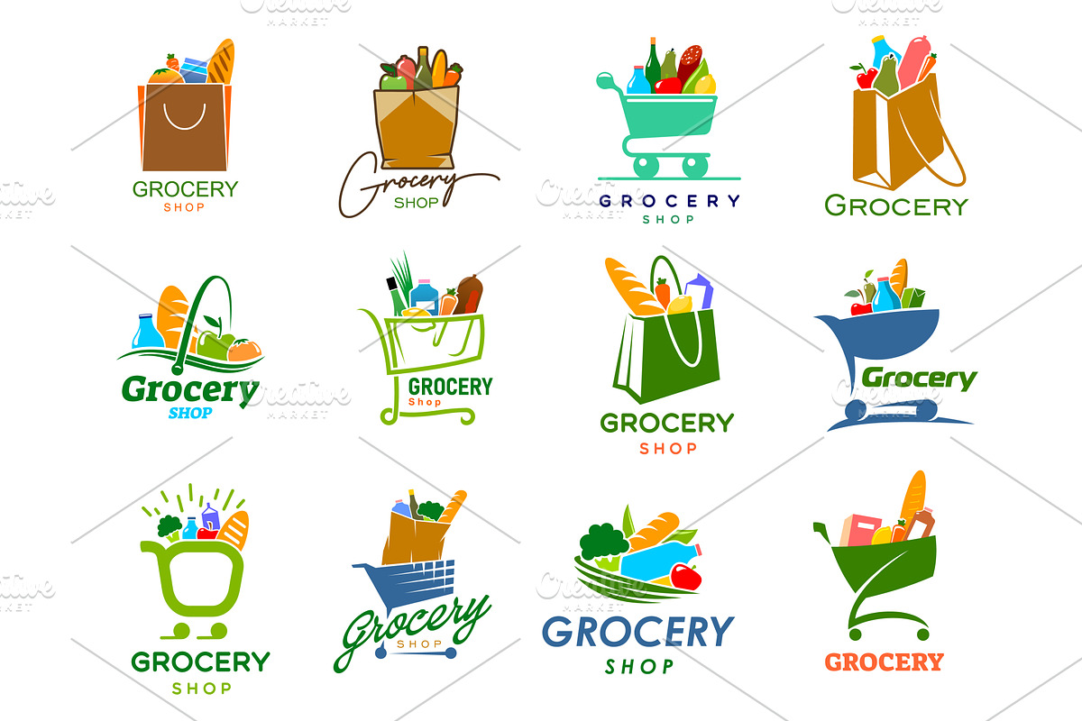 Grocery baskets, carts and bags, a Food Illustration by Vector Tradition