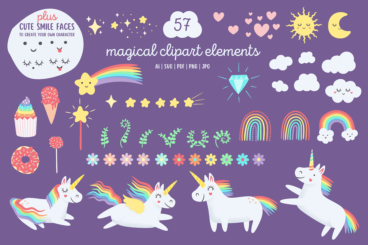 Happy Rainbow Unicorns Clipart Pack, an Animal Illustration by CherithDrawsThings (Photo 2 of 8)