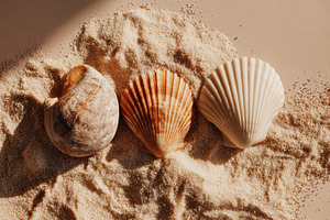 Minimalist shell collection on sand, a Photo by Virgo Studio