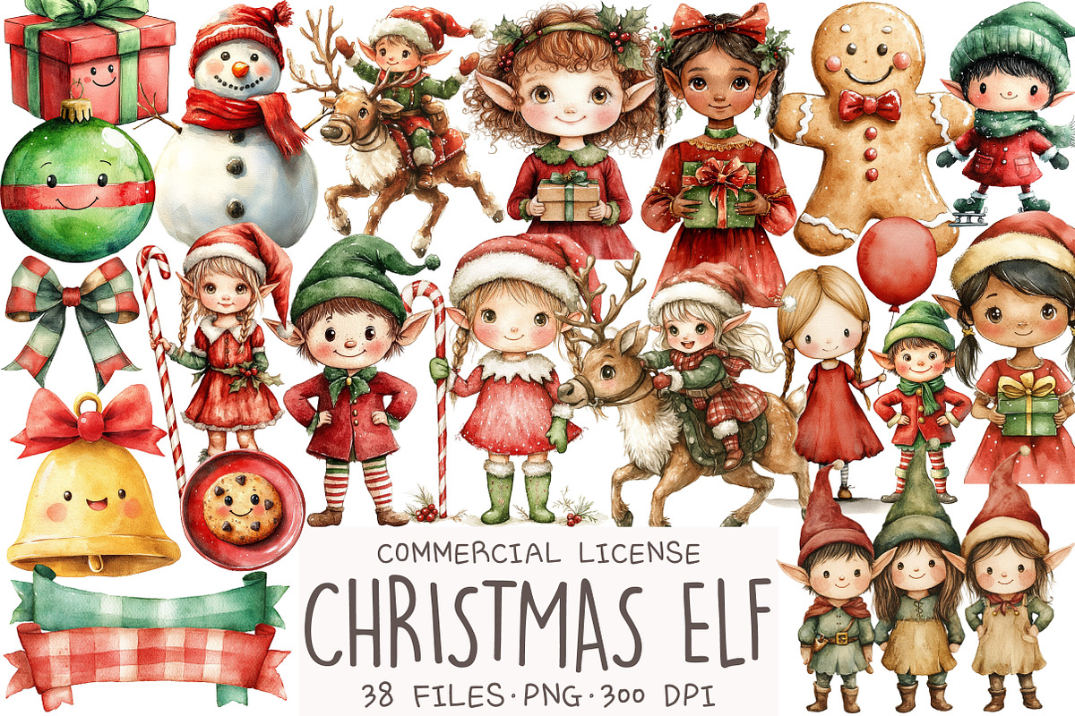 Christmas Elf Watercolor Clipart, an Illustration by OK Design (Photo 1 of 5)