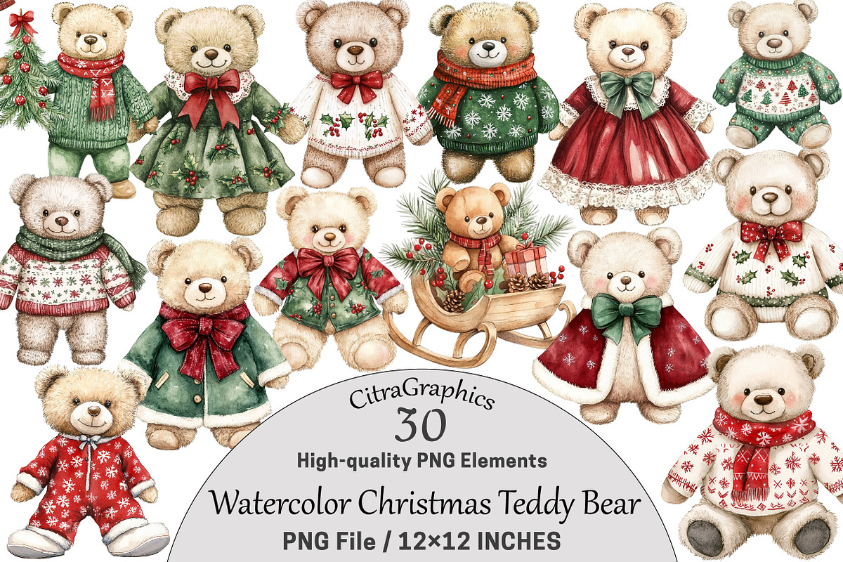 Watercolor Christmas Teddy Bear Clip, a Seasonal Illustration by CitraGraphics (Photo 1 of 7)