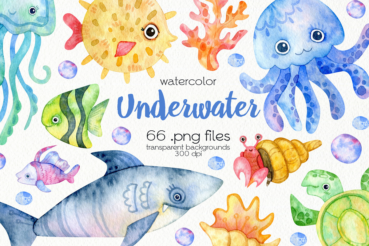 Watercolor Underwater Clipart, an Animal Illustration by OllyKo Art (Photo 1 of 6)