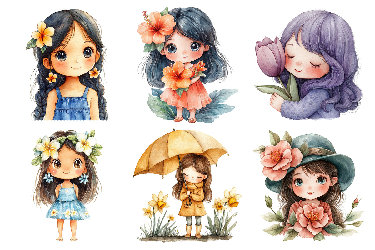 Cute Chibi Floral Girls Clipart, an Illustration by Daily.Designs (Photo 2 of 5)