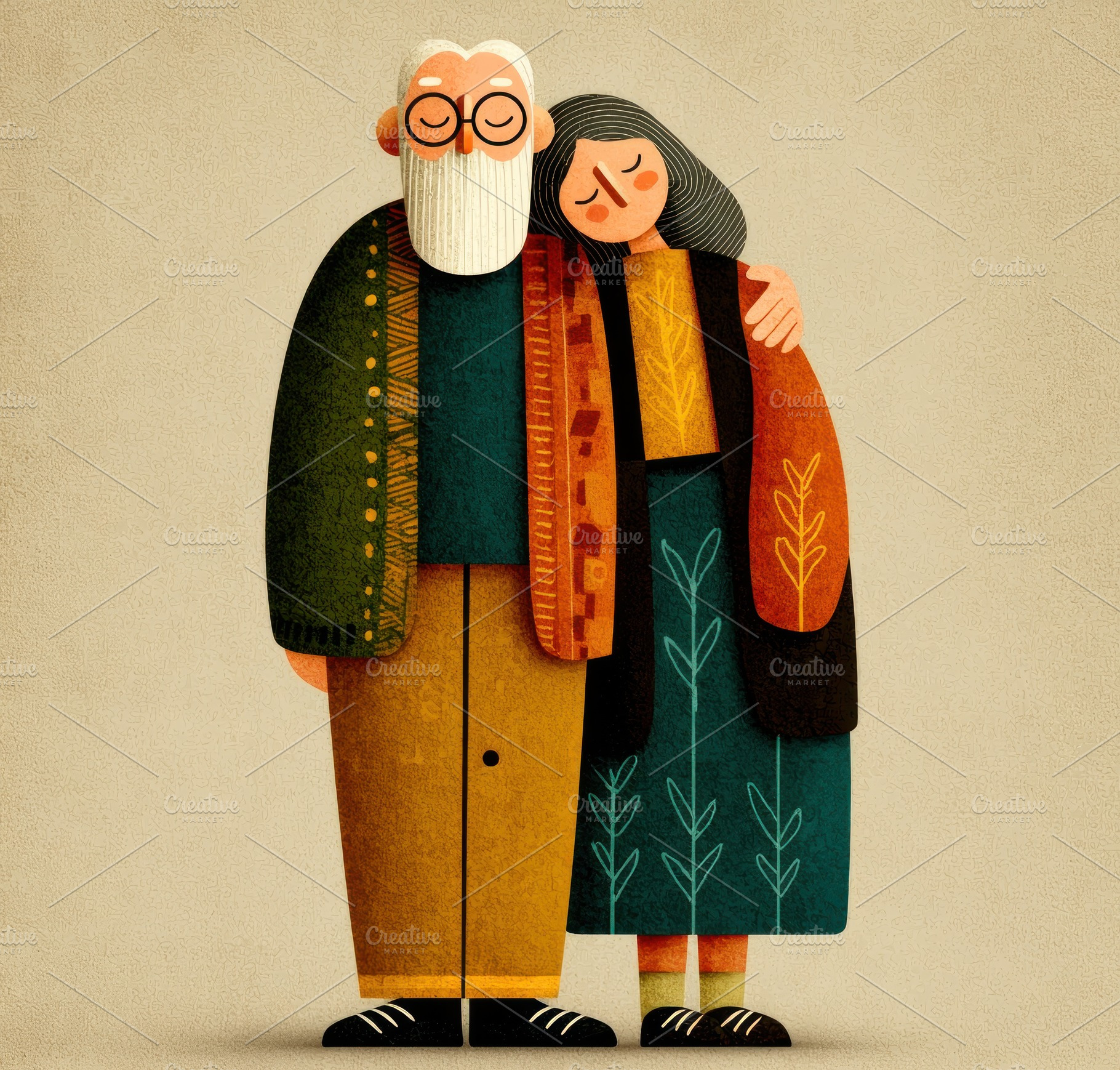 Folk Style Illustration of Elderly Couple Embracing with Botanic, a Food & Drink Photo by José Manuel Gelpi