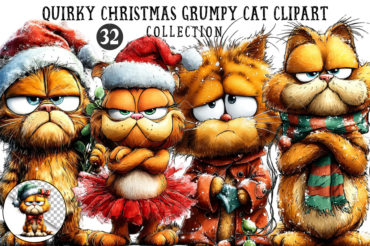 Quirky Christmas Grumpy Cat Clipart, an Illustration by OK Design (Photo 1 of 6)