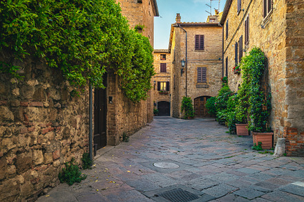 Stone houses decorated with jasmine, an Architecture Photo by Alpine Dreams