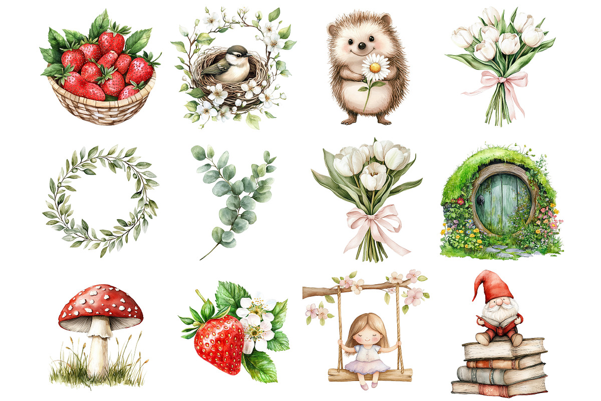 Watercolor Cute Strawberry Clipart, a Seasonal Illustration by CitraGraphics (Photo 2 of 3)