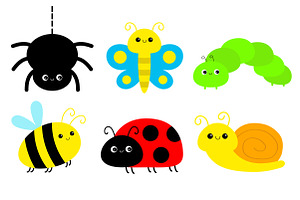 Cute Insect Set. Flat Design. Vector