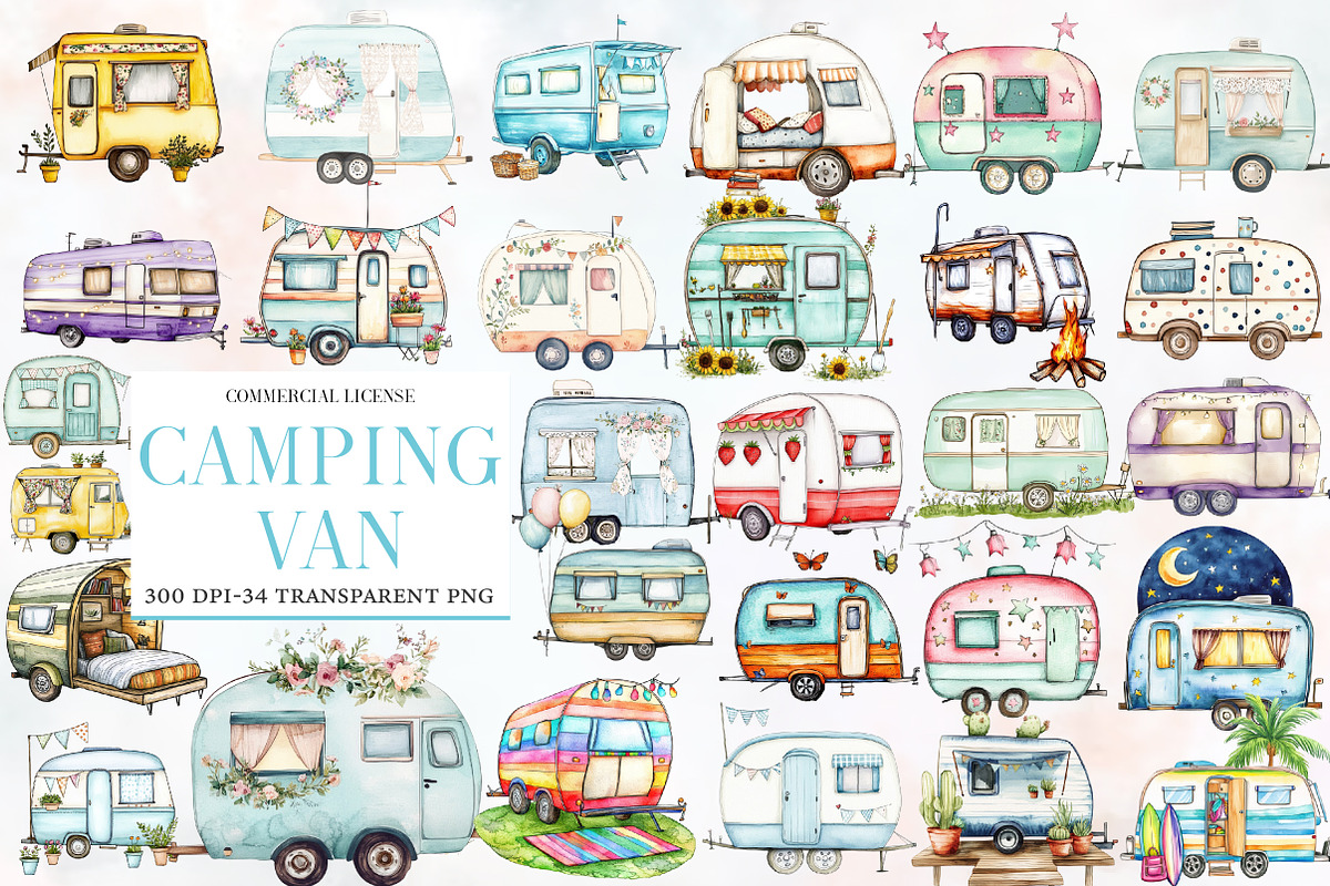 Watercolor Camping van Clipart, an Illustration by Designworld (Photo 1 of 4)
