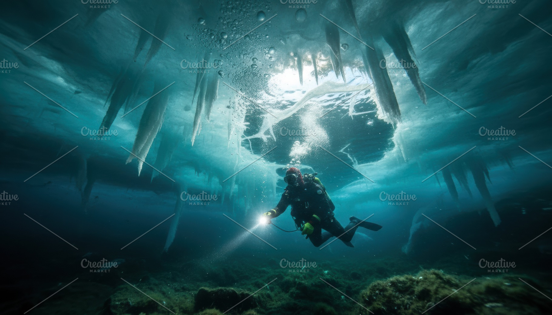 Scuba Diver Explores Beneath A Frozen Layer Of Ice With Dive Light, a Sports & Recreation Photo by Igor Tichonow