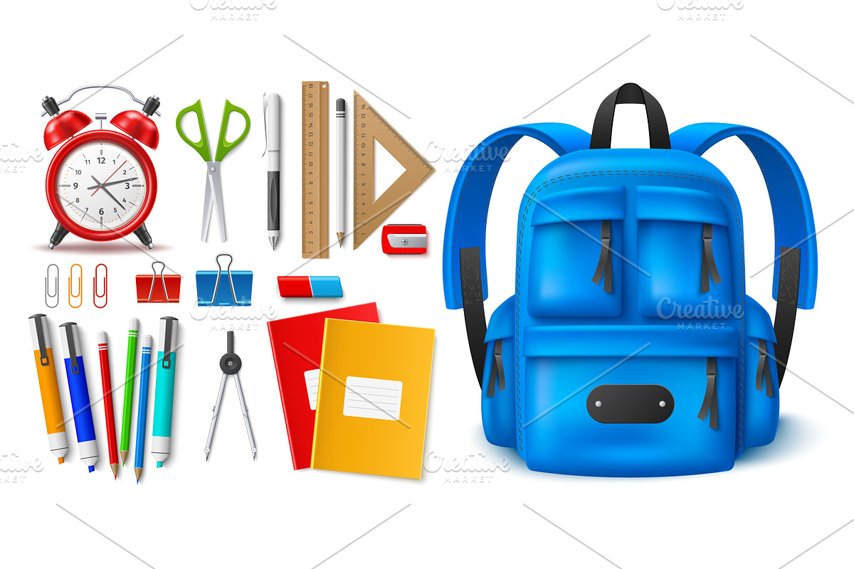 Assorted school supplies. Realistic, an Object Illustration by Vectorbuum