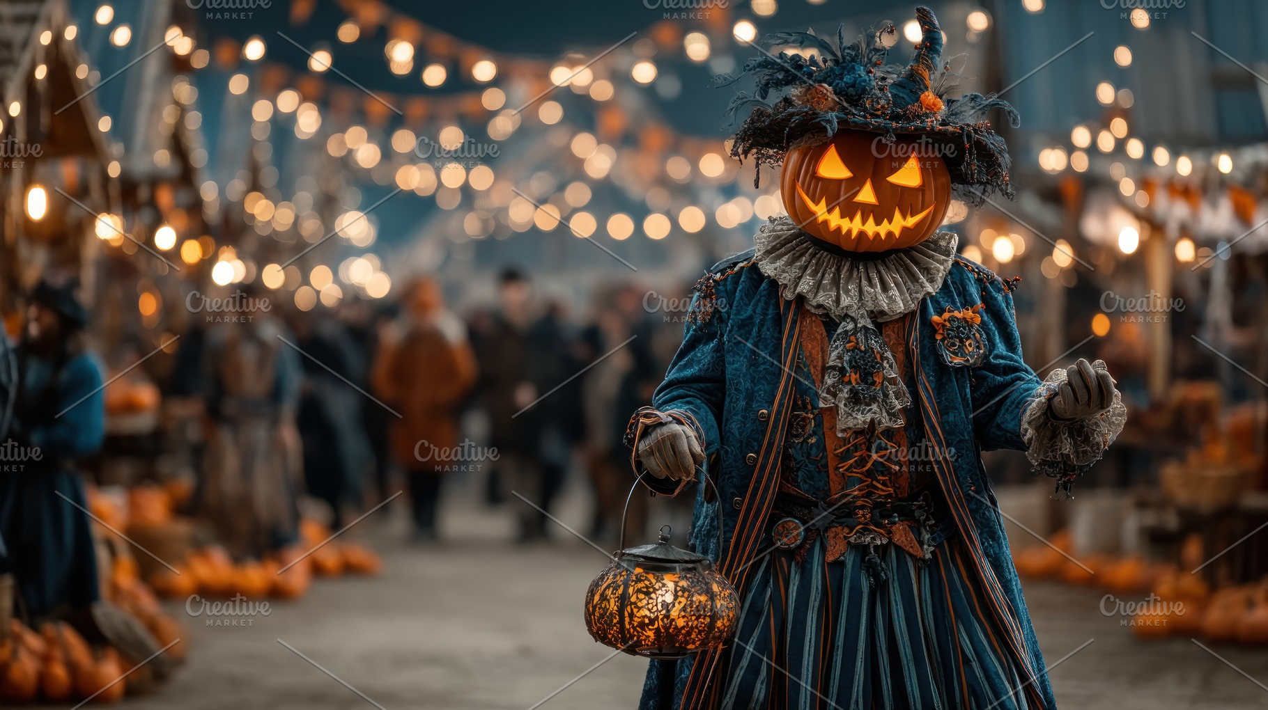 Pumpkin-headed figure in elaborate vintage costume holding glowi, a Holiday Photo by José Manuel Gelpi