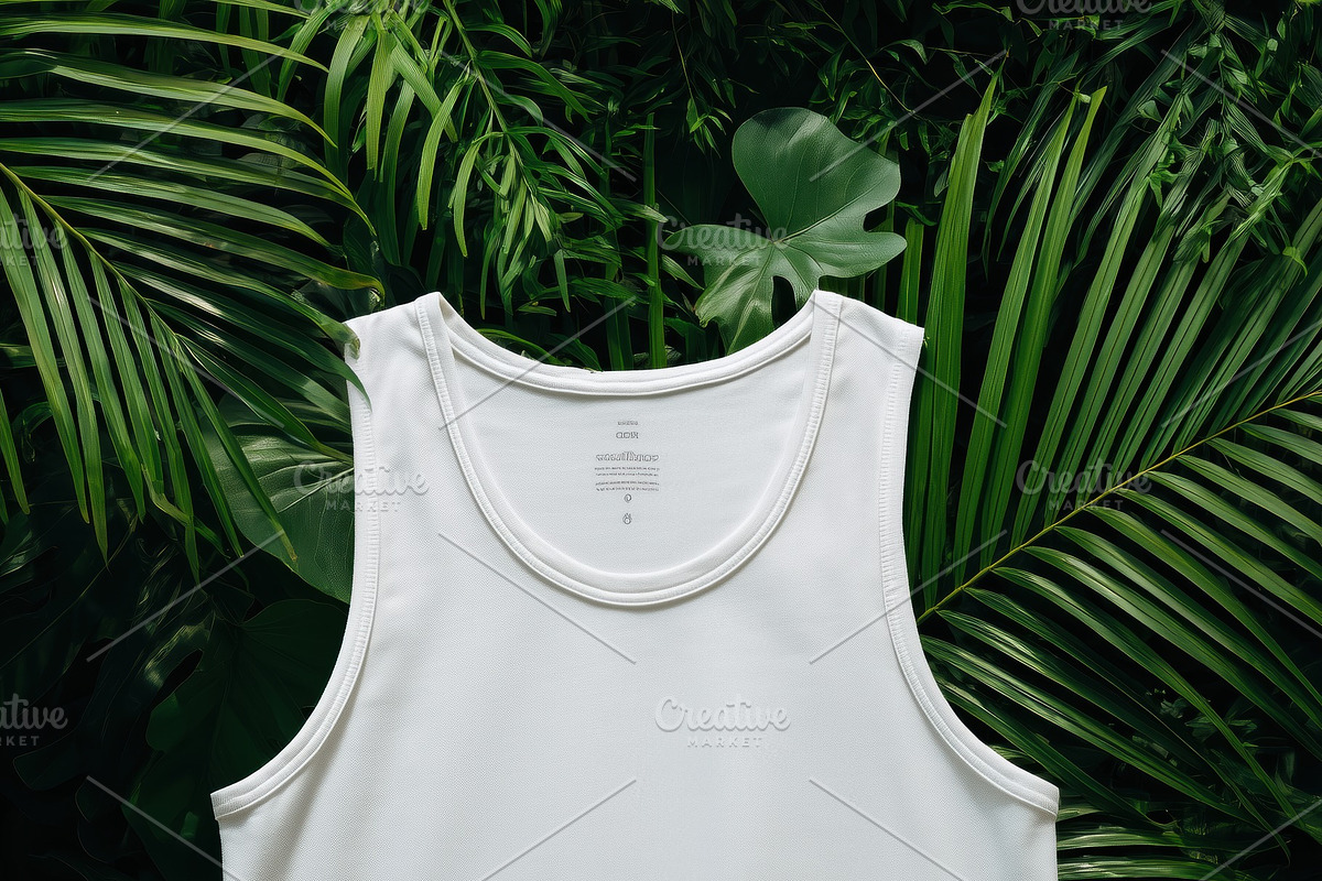 A plain white tank top mockup displayed against a lush green tropical backgroun, a Shirt Mockup by Textures & Backgrounds