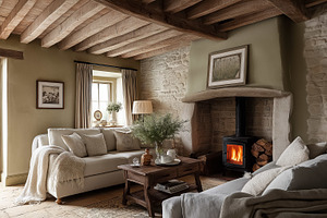 Rustic living room with stone walls, a wood stove, and exposed timber beams, cr, an Architecture Photo by Studio ANNA