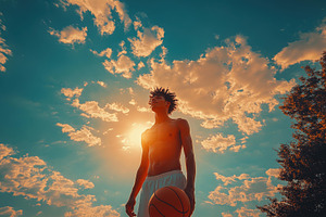 Young basketball player stands confi, a Photo by Tanuart
