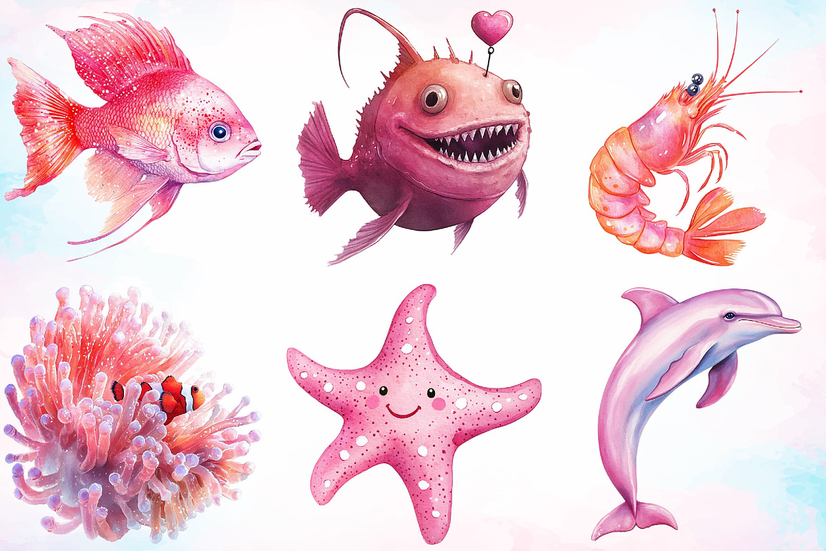 Watercolor Pink Ocean Animals Clipar, an Illustration by Canvas Craft (Photo 3 of 3)