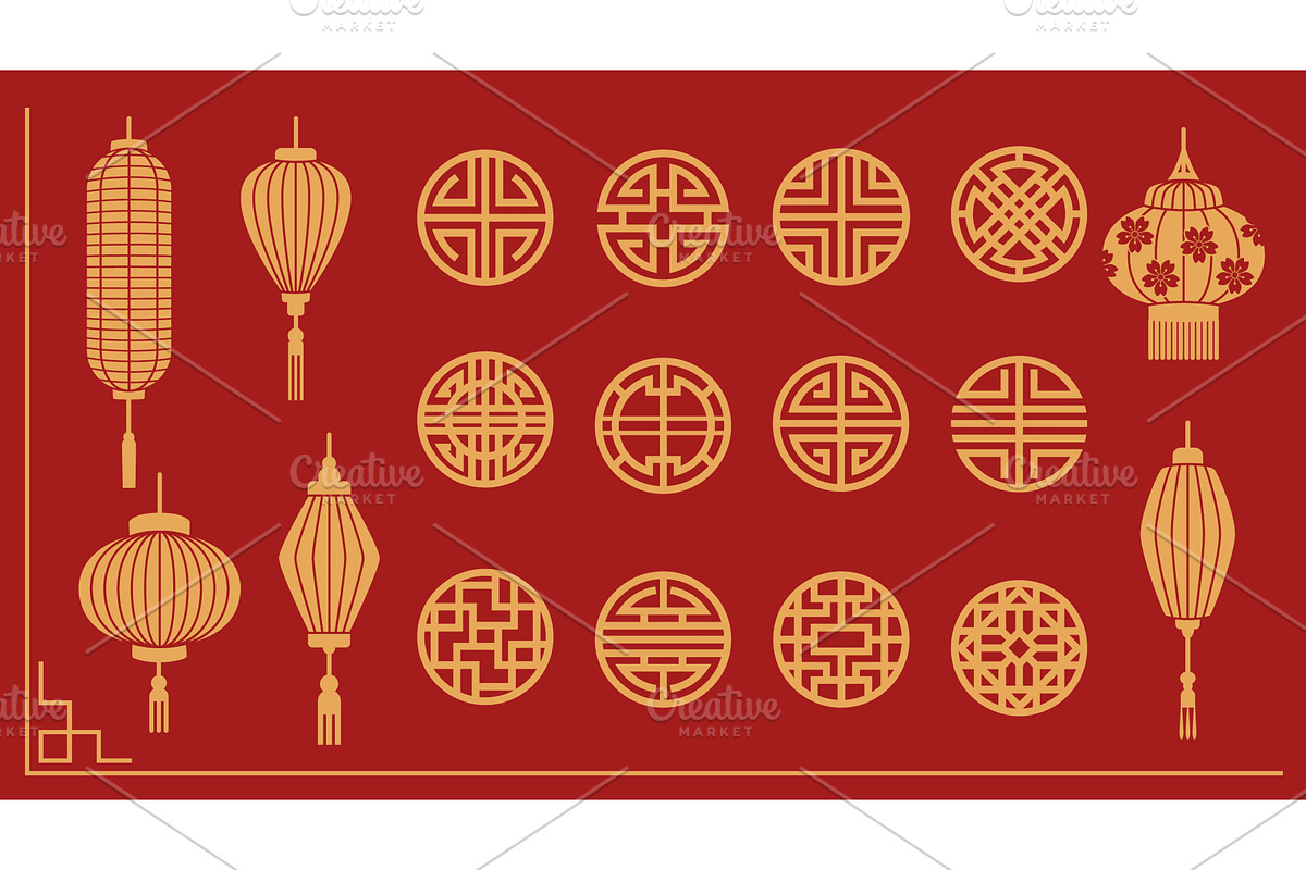 Golden oriental elements on red, an Illustration by art PVP - market