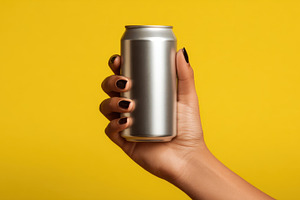 Hand grips silver can on yellow, a Photo by Beautiful things