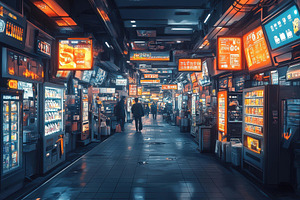 Neon-lit alley filled with vending m, a Photo by Tanuart