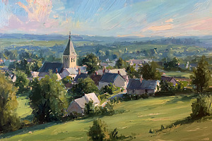 Impressionist oil painting depicting a French rural village with a charming chu, an Illustration by Studio ANNA
