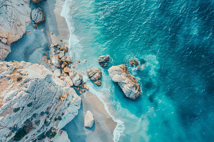 The vibrant turquoise waves gently l, a Photo by Tanuart
