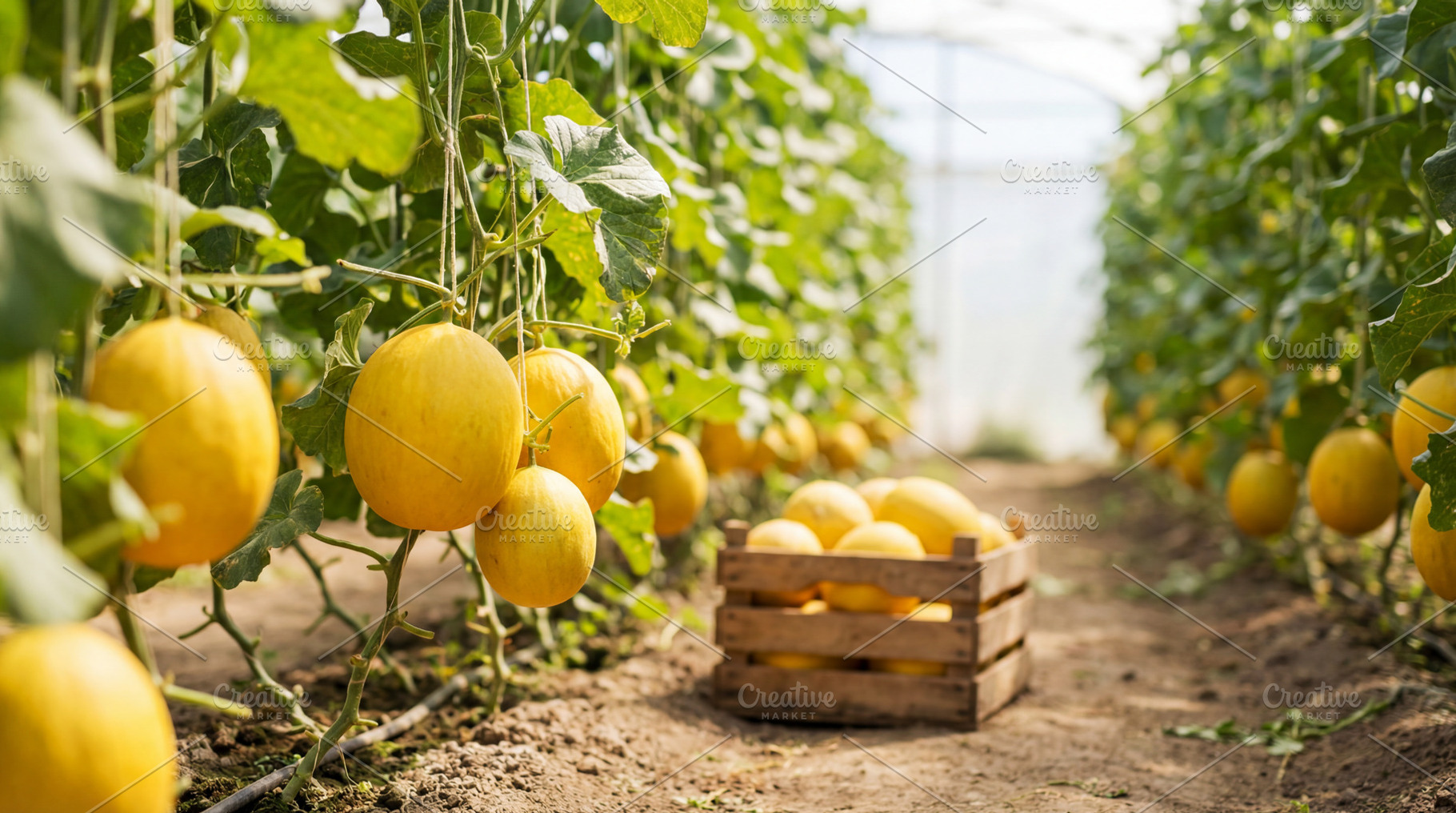 Melons grow in rows of greenhouse, a Food & Drink Photo by Volff