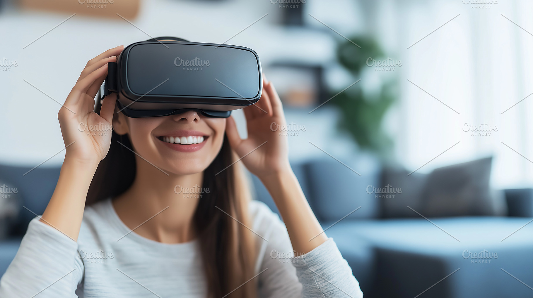 Smiling woman enjoying a vr glasses, a Technology Photo by MistyDay