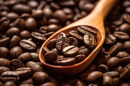 Coffee beans with wooden spoon. Generative AI, a Food & Drink Photo by AlyaAnd