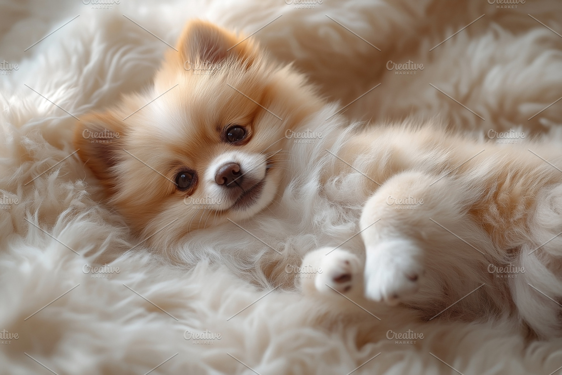 Adorable fluffy Pomeranian puppy resting on a cozy white blanket, showcasing it, an Animal Photo by ImageMir