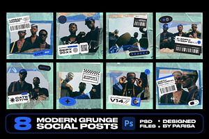 8 Modern Grunge Social Posts, a Social Media Template by Parisa-Artstudio