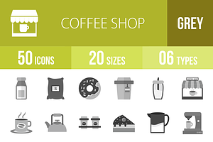 50 Coffee Shop Greyscale Icons