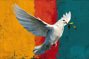 White dove holding olive branch flying in front of bold textured, an Animal Photo by José Manuel Gelpi