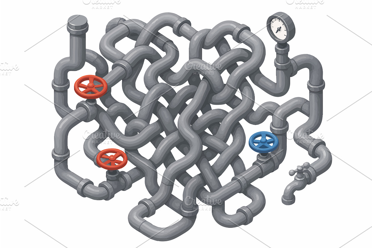 Complex tangled pipe system with, an Illustration by AlexArt