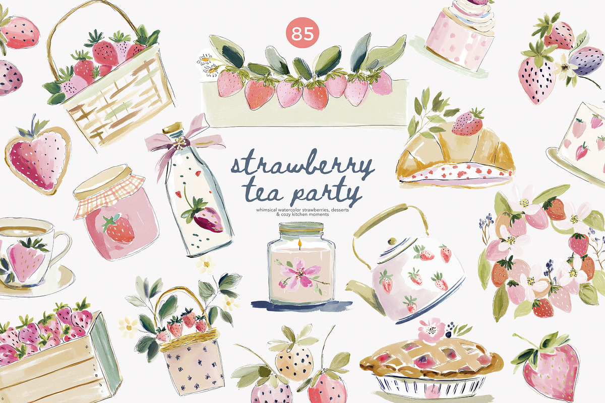 strawberry watercolor clipart set, a Decorative Illustration by Patishop Art (Photo 1 of 8)