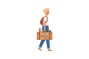 A cheerful traveler with a suitcase, an Illustration by designvectx