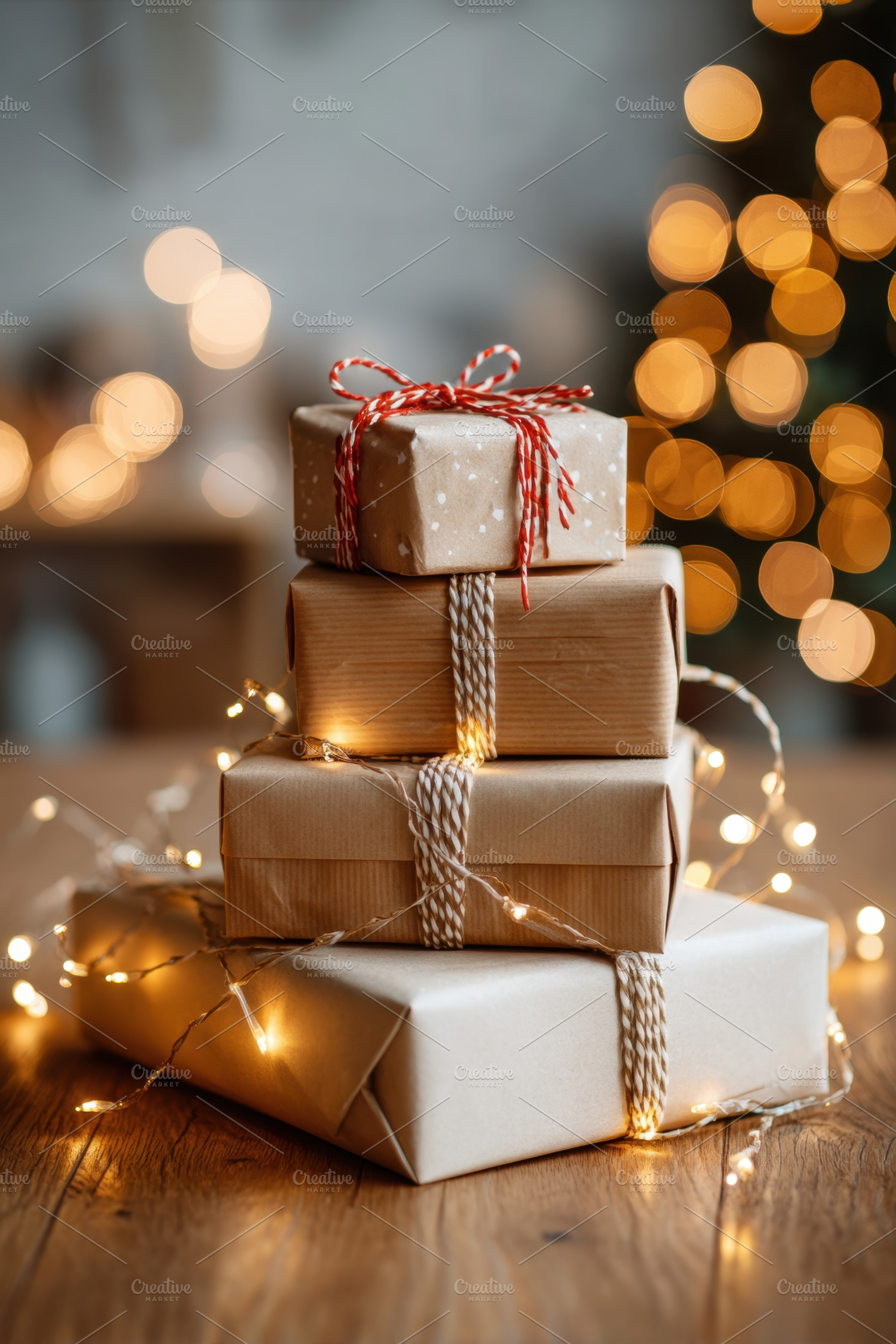 Festively wrapped gifts with fairy lights, a Holiday Photo by AlyaAnd