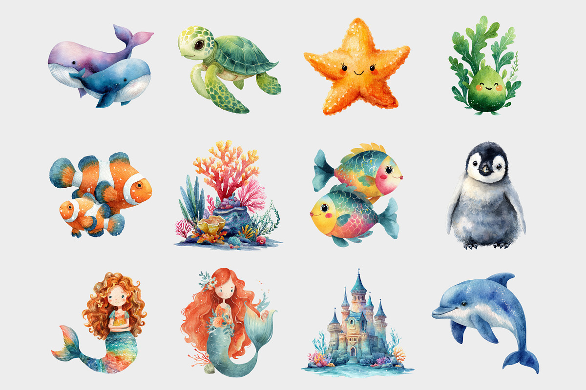 Watercolor Sea Life Kawaii Clipart, a Seasonal Illustration by Design Market (Photo 2 of 5)