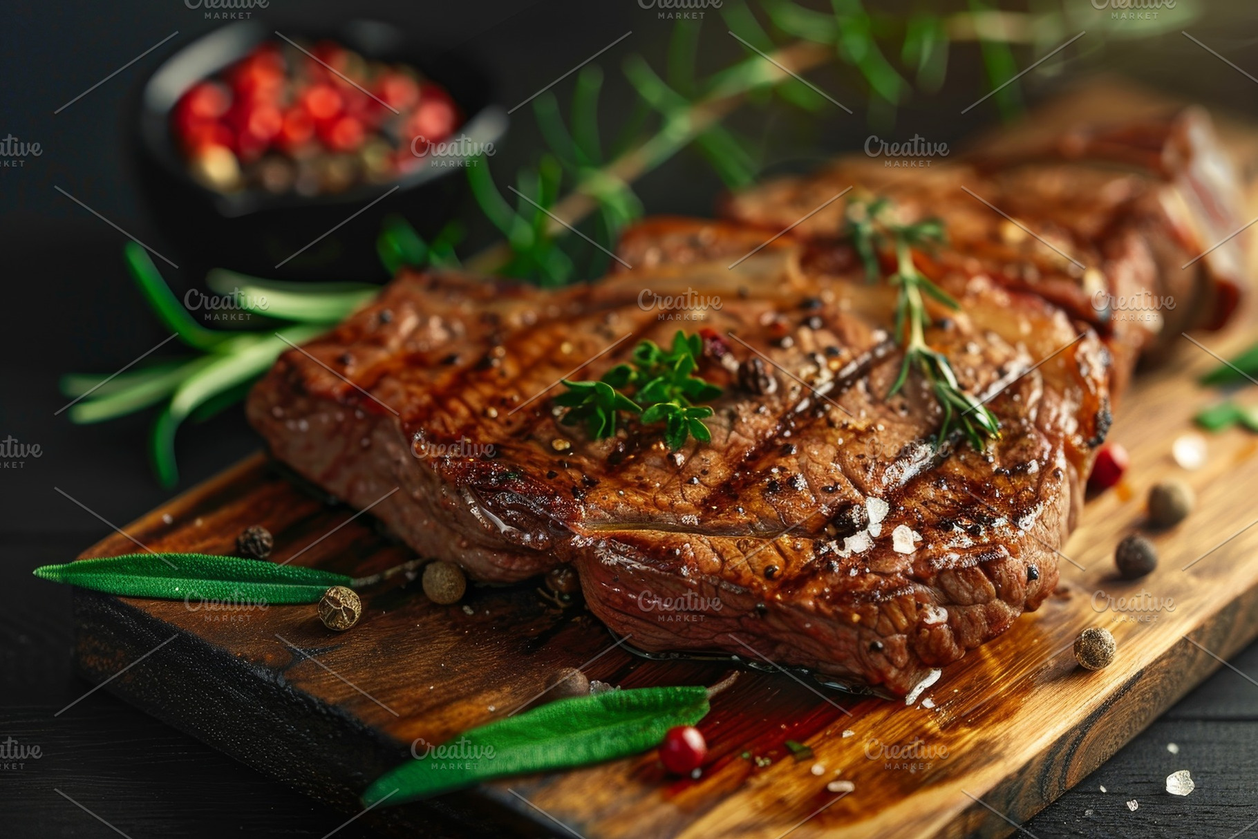 Juicy grilled steak is beautifully p, a Photo by Tanuart