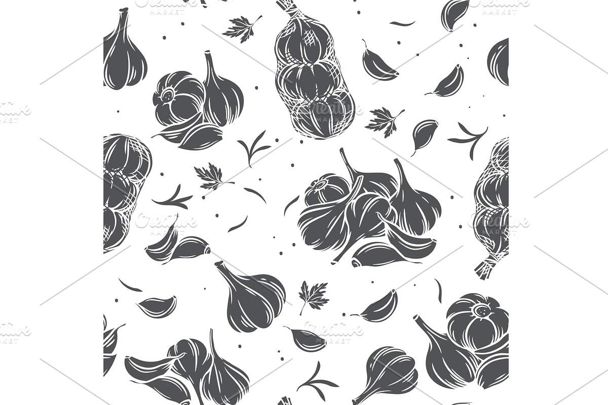 Garlic seamless pattern, a Food Illustration by VictoriaSergeeva