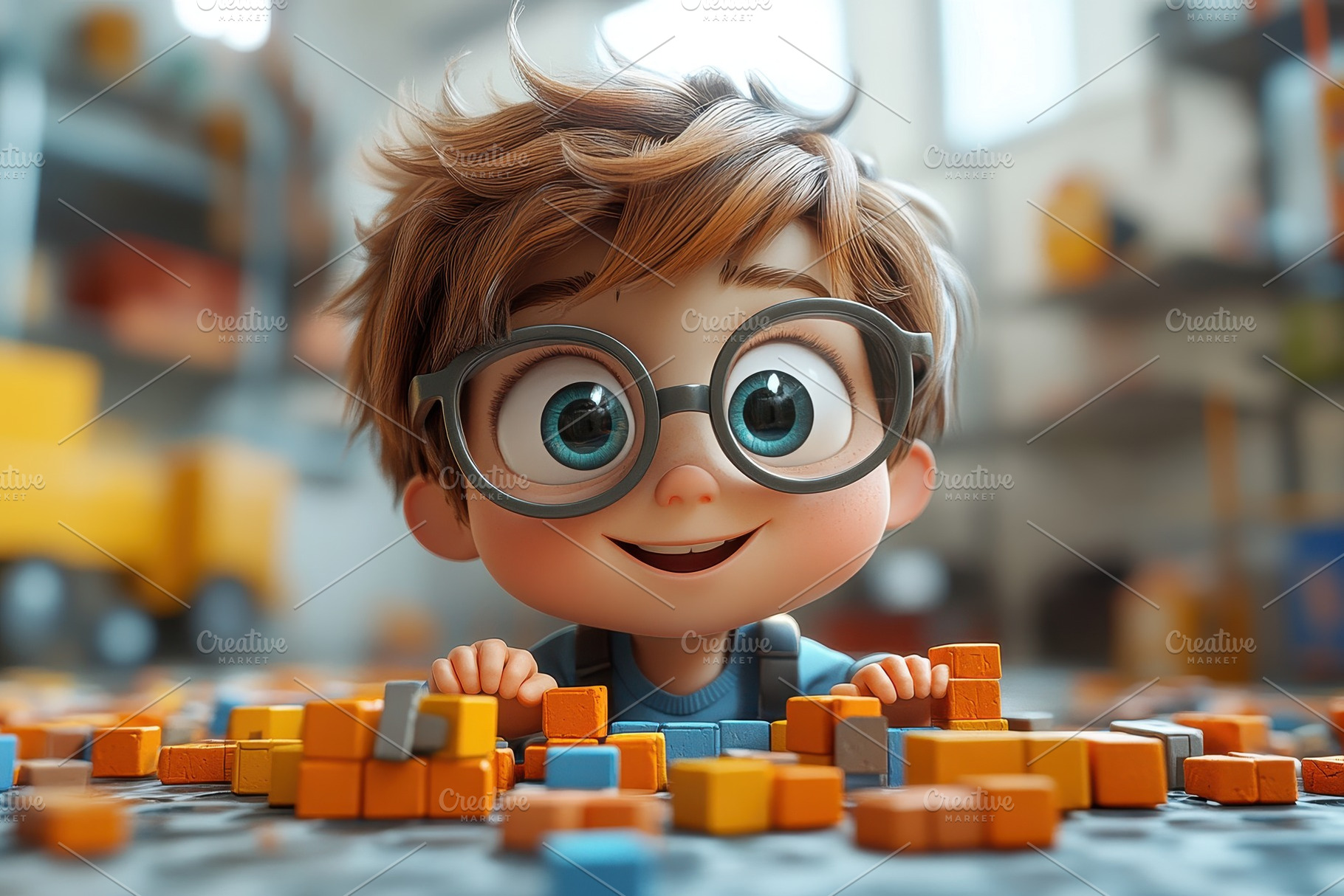 Boy playing with colorful building b, a Photo by Tanuart