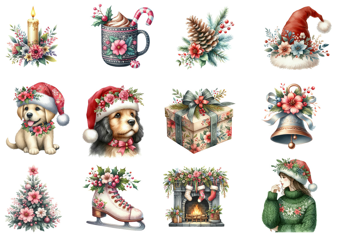 Watercolor Christmas floral Clipart, an Illustration by Designworld (Photo 6 of 6)
