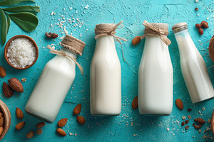 Bottles of nut milk surrounded, a Photo by Pavel_design