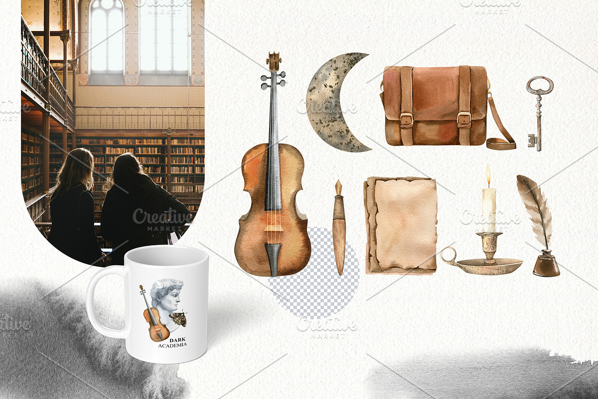 Dark Academia watercolor clipart set, an Education Illustration by Color Hugs Art (Photo 4 of 10)