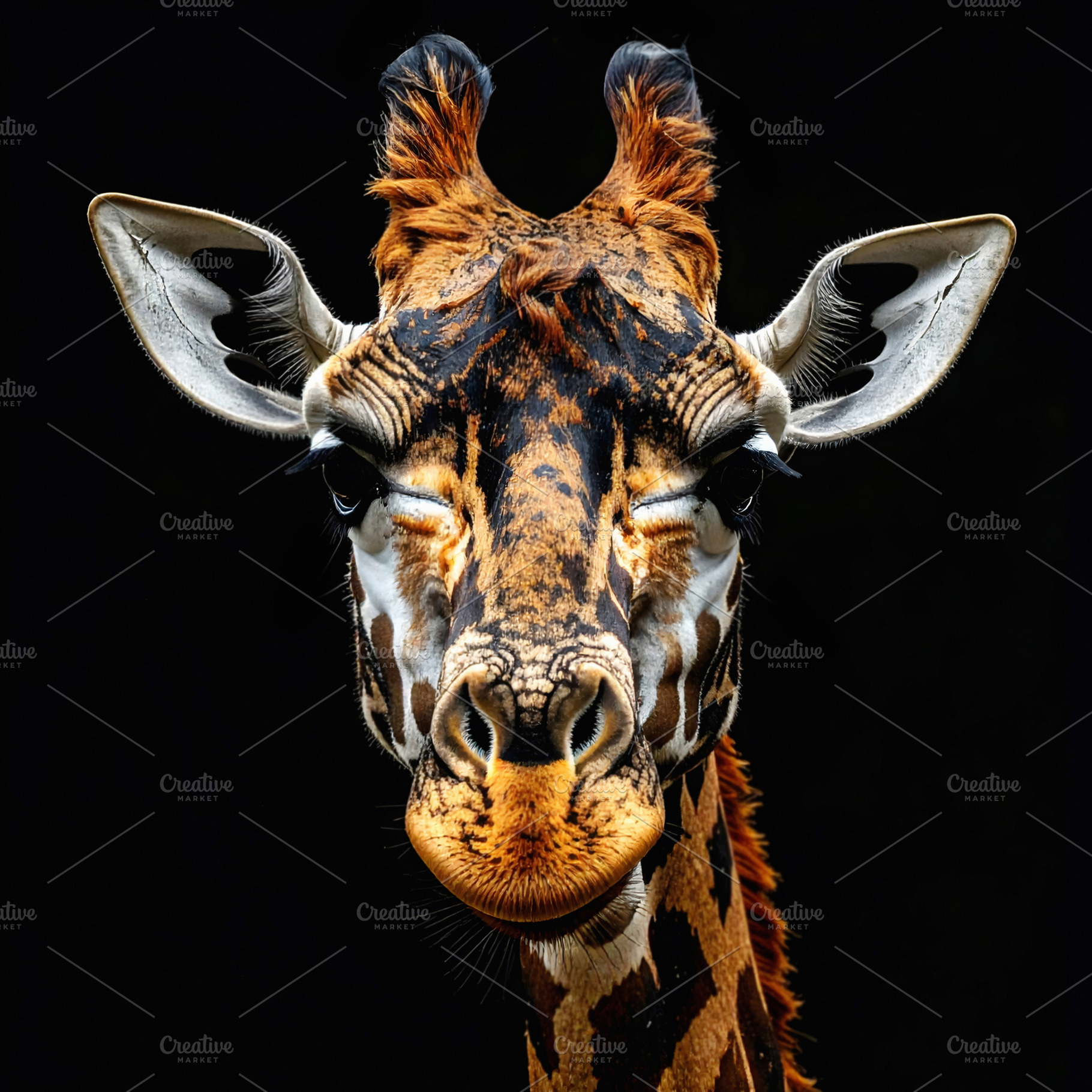 Portrait of a giraffe face with striking detailed features, an Animal Photo by GoodGoods