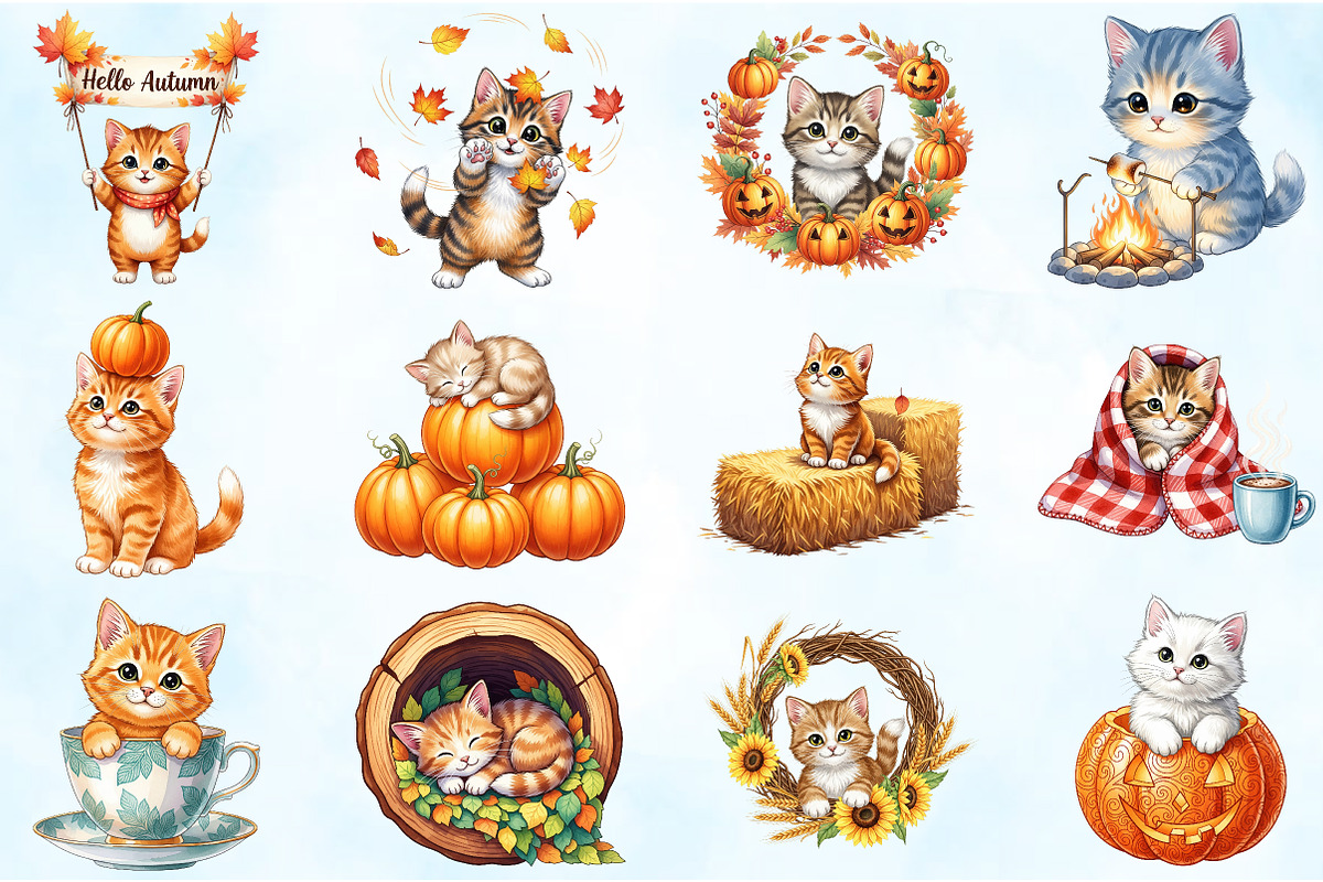 Watercolor Autumn Kitten Clipart, an Illustration by Craft Nest (Photo 4 of 6)