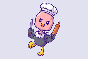 Cute Ostrich Bird Chef Holding Knife, an Animal Illustration by Catalyst Labs