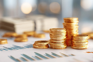 Stacks of gold coins on financial documents with graphs and charts in a busines, a Photo by AlyaAnd