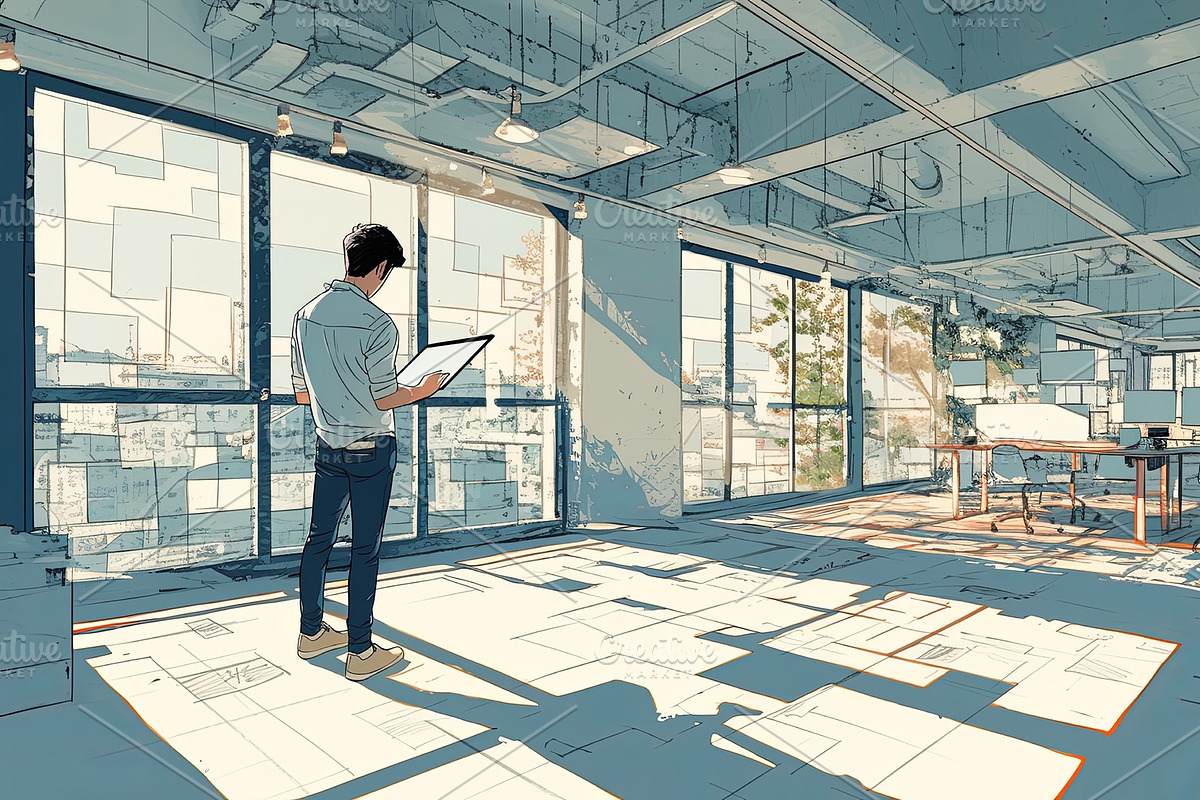 Modern office space with natural light and a man studying blueprints, an Illustration by AS photostudio