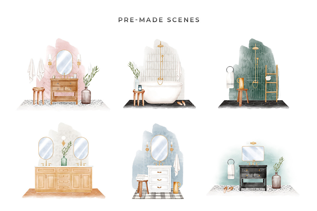 Watercolor Bathroom Creator, a Decorative Illustration by Kotulska (Photo 10 of 16)