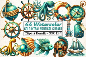 Watercolor Gold & Teal Nautical, an Illustration by DreamCafeArt